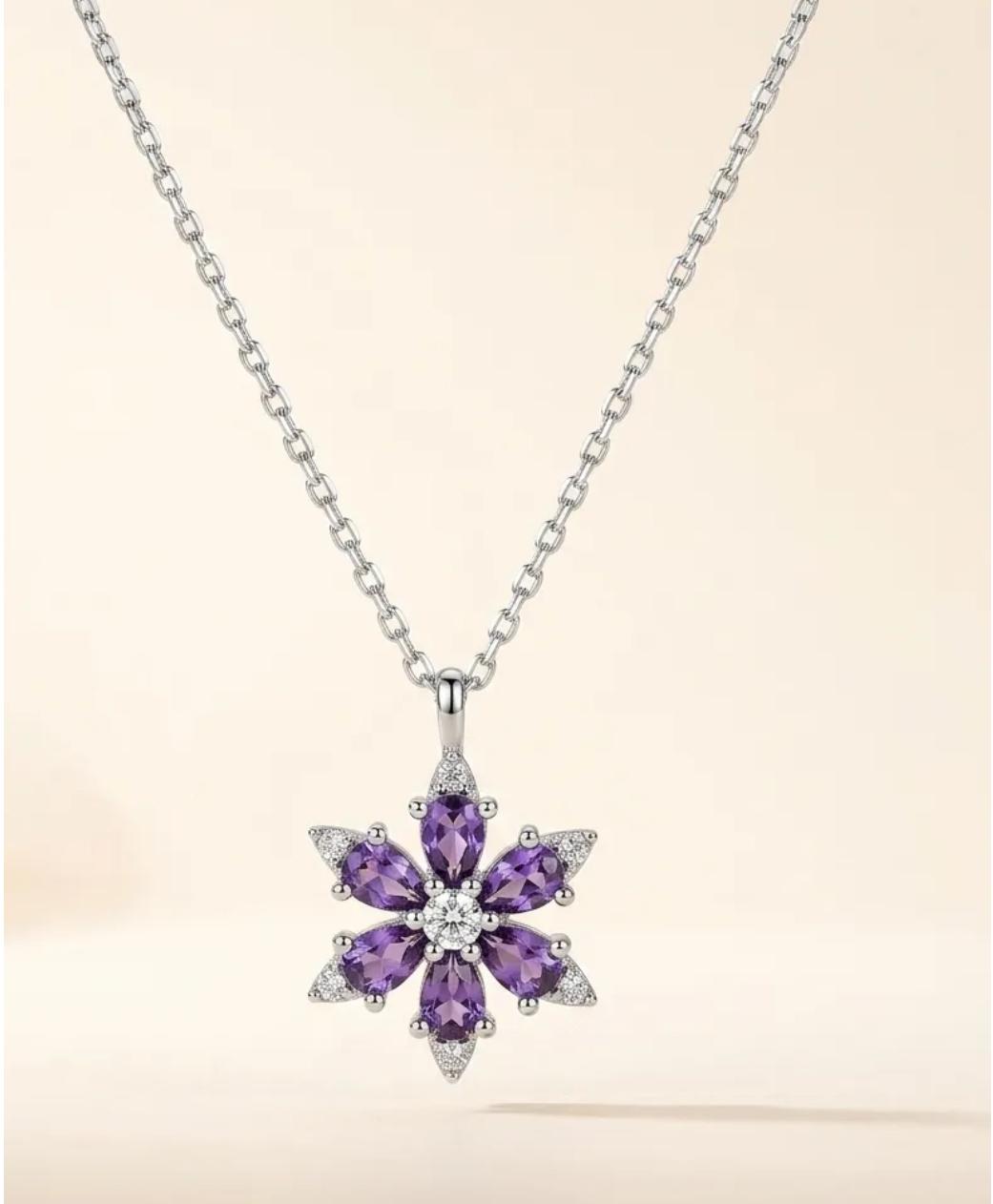 Silver Mor Taşlı Lotus Kolye